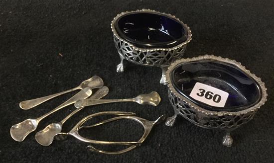 Pair Georgian silver oval mustard pots, 2 pairs sugar nips and set 4 mustard shovels